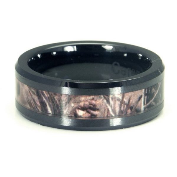 Black Ceramic Men’s Hunting Camo Ring, Comfort Fit Band, 8mm