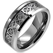 8mm Silver Celtic Dragon Inlay Tungsten Carbide Ring Comfort Fit Wedding Bands Polished Finish