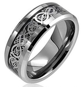 8mm Silver Celtic Dragon Inlay Tungsten Carbide Ring Comfort Fit Wedding Bands Polished Finish