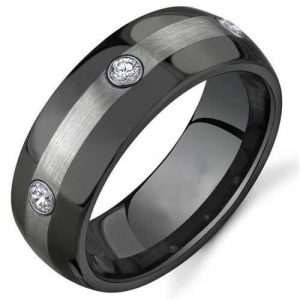 8mm Black Two Tone Tungsten Carbide Ring Wedding Band Matte Finished 3 Cubic Zirconia Stones