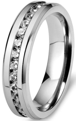 6mm Mens Womens Titanium Ring Engagement Wedding Band Cubic Zirconia Inlaid