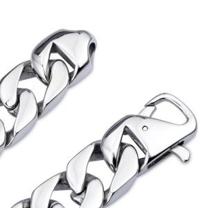 Men's Chain Bracelet 316L Stainless Steel Curb Link 15mm Width, Silver Color