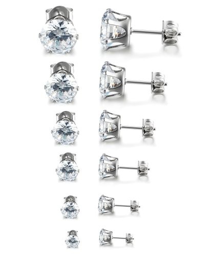 Womens Stainless Steel Stud Earrings Set Hypoallergenic Pierced Cubic Zirconia 6 Pairs