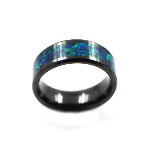 Black Tungsten 6mm Wedding Band Ring Women Mens Green Opal Inlay Comfort Fit
