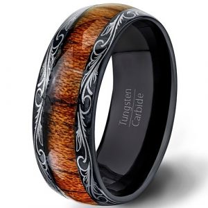 Mens Wedding Band 8mm Black Tungsten Ring Wood Inlay Pattern Dome Comfort Fit