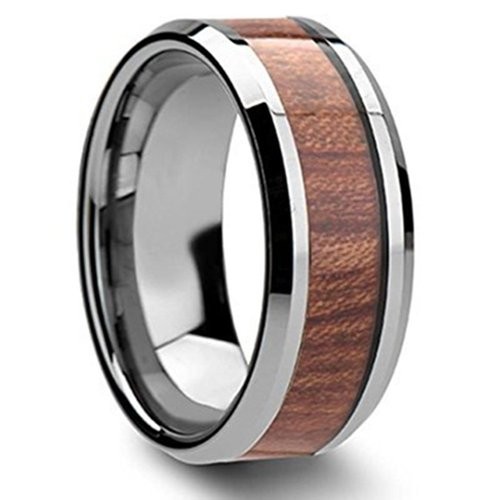 8mm Tungsten Ring High Polished Koa Wood Inlay Mens & Womens Wedding Band