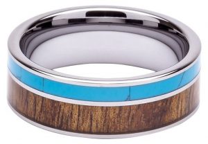 Tungsten Ring Inlaid with 100% Natural Koa Wood and Solid Turquoise - Extremely Unique - 8mm Wide - Wedding