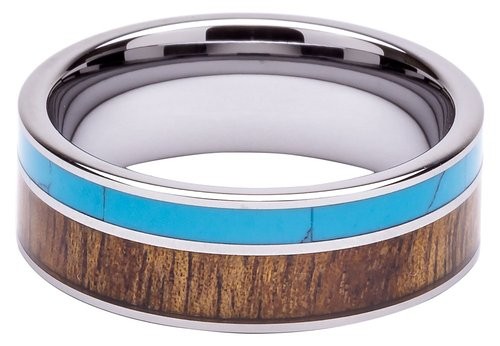 Tungsten Ring Inlaid with 100% Natural Koa Wood and Solid Turquoise – Extremely Unique – 8mm Wide – Wedding