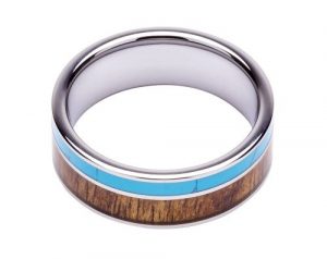 Tungsten Ring Inlaid with 100% Natural Koa Wood and Solid Turquoise - Extremely Unique - 8mm Wide - Wedding