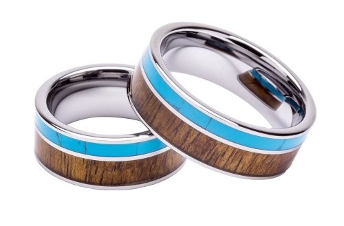 Tungsten Ring Inlaid with 100% Natural Koa Wood and Solid Turquoise – Extremely Unique – 8mm Wide – Wedding