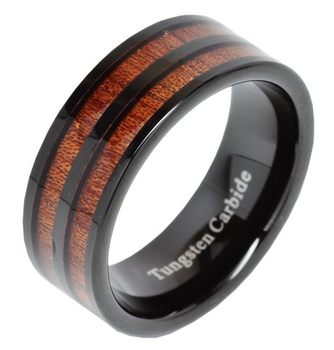 8mm Men’s Tungsten Carbide Ring Double Wood Inlay Black Plated Wedding Band
