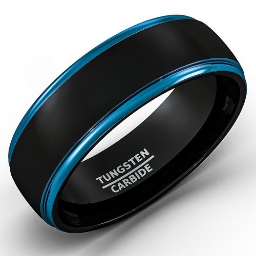 Mens Wedding Band Two Tone Black Tungsten Ring 8mm Blue Sides Step Edge Comfort Fit
