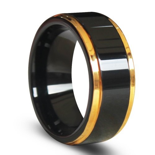 Gold Edges and Raised Center Top Polished Black Tungsten Carbide Rings