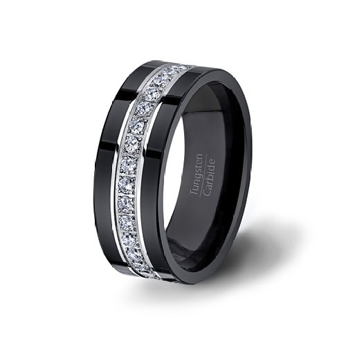 Mens Wedding Band Black Tungsten Ring Fully Stacked with CZ Diamonds Comfort Fit