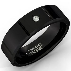 Mens Wedding Band 8mm Black Tungsten Ring Polished Sectioned Cz Diamond Beveled Edge Comfort Fit