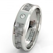 Mens Wedding Band Tungsten Ring Carbon Fiber Inlay with Brilliant Solitare CZ High Quality Tungsten Carbide 8mm Comfort Fit