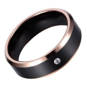 8mm Beveled Tungsten Carbide Rings with Cubic Zirconia Stone Inlaid and Rose Gold Edges