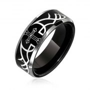 Mens Laser Etched Thorn Cross Ring Black Tungsten Wedding Band 8mm