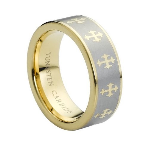 Tungsten Carbide Yellow Gold Plated Laser Engraved Crosses Design 8mm Wedding Band Ring