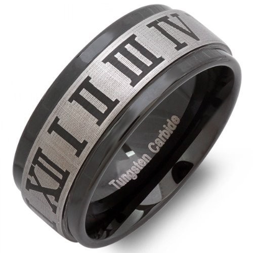 Tungsten Carbide Unisex Wedding Band 9MM Flat Ridges Edges Black Enamel Plated Laser Engraved Comfort Fit
