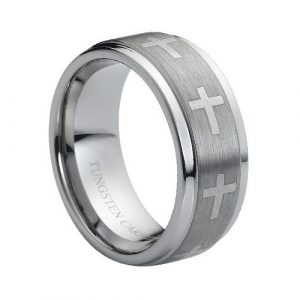 Tungsten Carbide Flat Laser Engraved Crosses on Brushed Center 9mm Wedding Band Ring