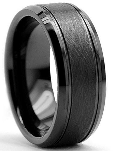 8mm Tungsten Carbide Ring Black Brushed Two Grooved Center Mens Wedding Band