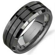 8mm Black Tungsten Rings for Men Polished Beveled Edge Double Groove Wedding Bands
