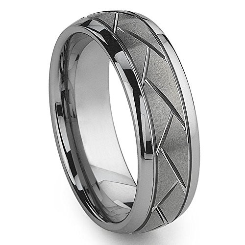 8MM Silver Domed Grooved Tungsten Ring Men’s Brushed Wedding Band