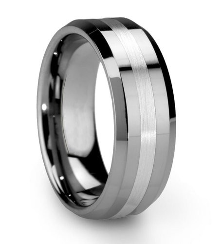 Men’s 8mm Tungsten Ring One Tone Matte Finish Brushed Center Wedding Band Beveled Edge