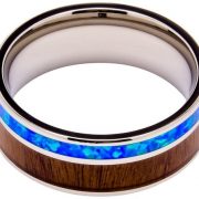 Titanium Ring Inlaid with 100% Natural Koa Wood and Opal – Extremely Unique – 8mm Wide – Wedding, Engagement, or Promise Ring