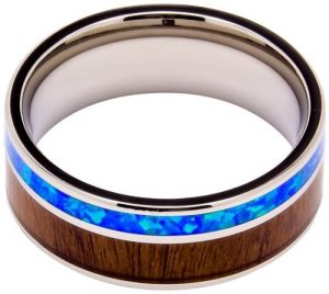 Titanium Ring Inlaid with 100% Natural Koa Wood and Opal - Extremely Unique - 8mm Wide - Wedding, Engagement, or Promise Ring