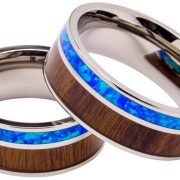 Titanium Ring Inlaid with 100% Natural Koa Wood and Opal – Extremely Unique – 8mm Wide – Wedding, Engagement, or Promise Ring
