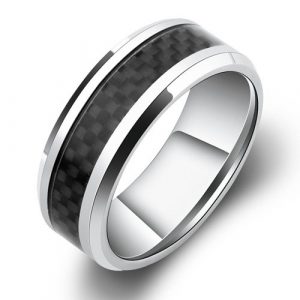 8mm Titanium Ring Inlaid Black Carbon Fiber, Silver White Beveled Men's Titanium Ring Comfort Fit Wedding Bands Promise Rings