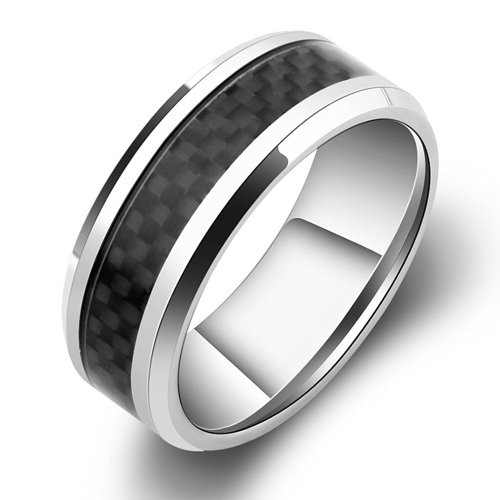8mm Titanium Ring Inlaid Black Carbon Fiber, Silver White Beveled Men’s Titanium Ring Comfort Fit Wedding Bands Promise Rings