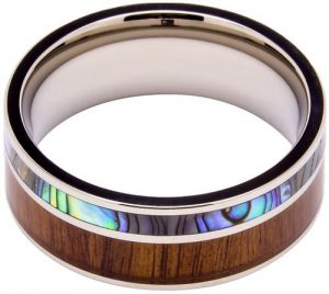 Titanium Ring Inlaid with 100% Natural Koa Wood and 100% Natural Abalone Shell - Extremely Unique - 8mm Wide - Wedding