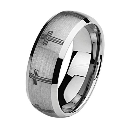 8mm Wedding Band Ring with Laser Etched Engraved Traditional Cross in Brushed and Polished Finish for Men and Women