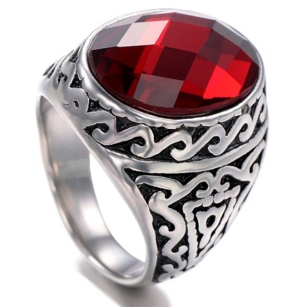 Cushion Cut Garnet Red Stone Silver Ring with Vintage Pattern