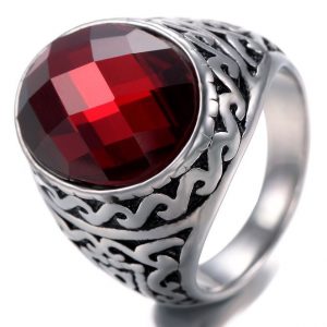 Cushion Cut Garnet Red Stone Silver Ring with Vintage Pattern