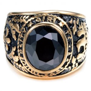 Gold Plated Stainless Steel Ring with Vintage Black Crystal