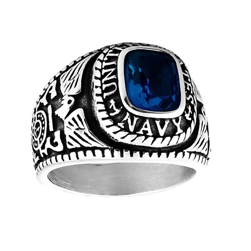 Mens 3.0ct Navy Simulated Blue Sapphire USA Military Signet Ring 316 Steel