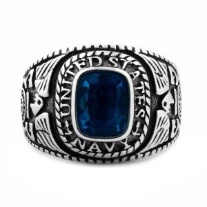 Mens 3.0ct Navy Simulated Blue Sapphire USA Military Signet Ring 316 Steel