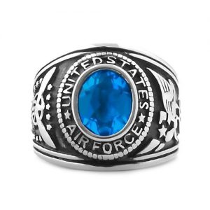 Mens 5.0ct Air Force Simulated Swiss-Blue Topaz Military Signet Ring Steel