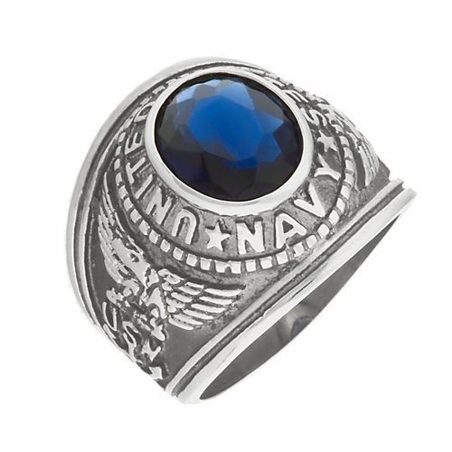 Mens 5.0ct Simulated Sapphire USA Navy Military Signet Ring 316 Stainless Steel