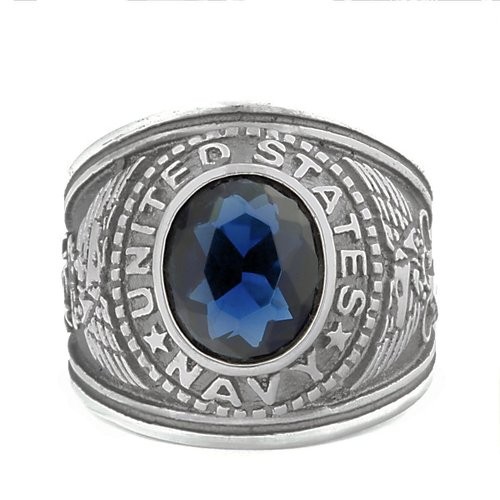 Mens 5.0ct Simulated Sapphire USA Navy Military Signet Ring 316 Stainless Steel