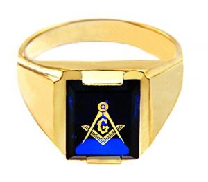 Men's 14k Yellow Gold Freemason Blue Stone Square and Compass Masonic Ring
