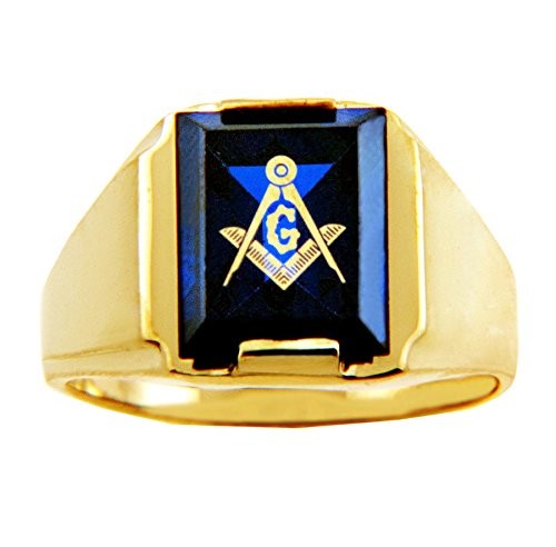 Men’s 14k Yellow Gold Freemason Blue Stone Square and Compass Masonic Ring