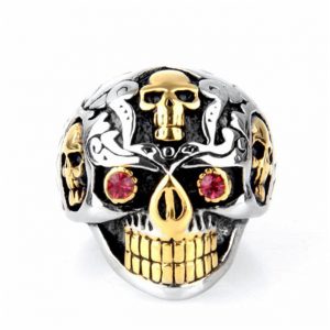 Men's 316l Stainless Steel Hip Hop Red Eyes Gold Teeth Skull Ring