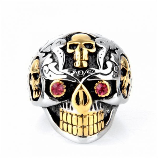 Men’s 316l Stainless Steel Hip Hop Red Eyes Gold Teeth Skull Ring