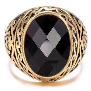 Mens Stainless Steel Ring Oval Black Onyx 14K Gold Plated Vintage Retro Gothic Punk