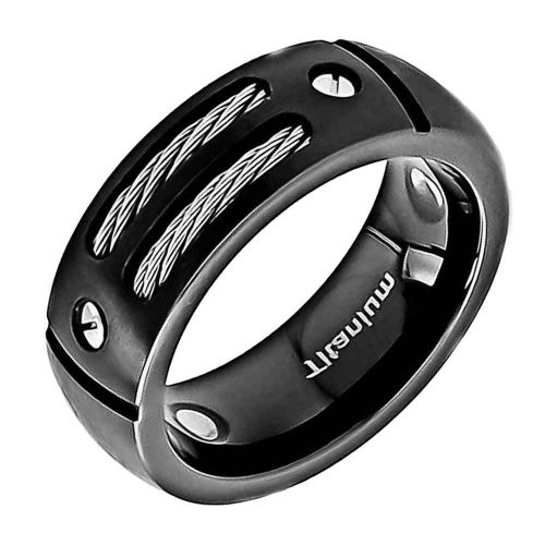 8mm Men’s Black Titanium Ring Wedding Band with Stainless Steel Cables and Screw Design Wedding Ring